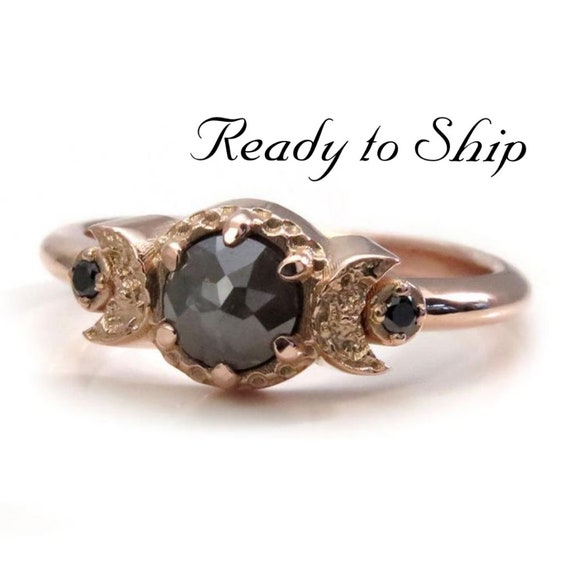 Ready to Ship Size 4.5 - 6.5 - Dark Gray Rose Cut Diamond Moon Ring - Triple Moon Goddess Engagement Ring with Black Diamonds