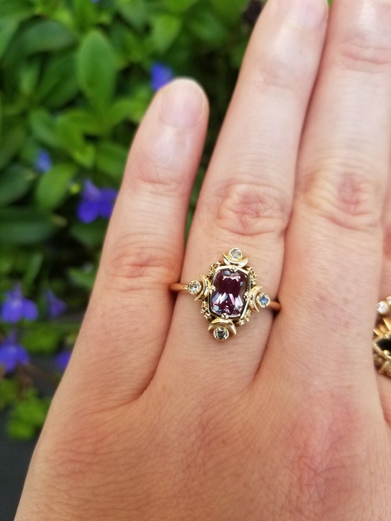 Artemis Moon Engagement Ring with Chatham Alexandrite Cushion and Salt & Pepper Diamonds - Goddess Engagement