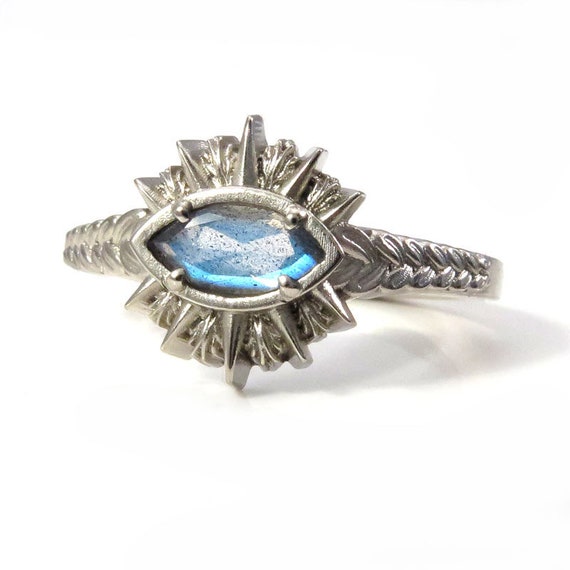 Ready to Ship Size 6 - 8 Labradorite Marquise Sage Burning Evil Eye Ring - 14k Palladium White Gold