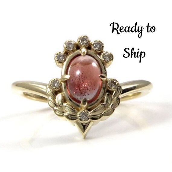 Ready to Ship Size 6-8 - Oregon Sunstone Engagement Ring with Sage Leaves and Honey Champagne Diamonds