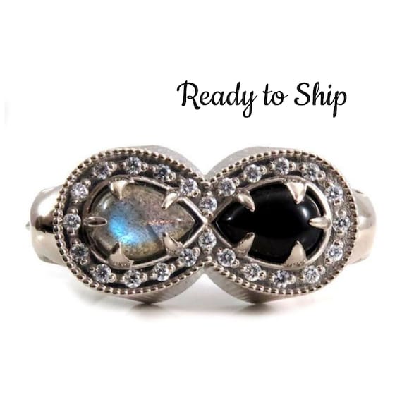 Ready to Ship Size 6.5 - 8.5 - Life and Death Diamond Memento Mori Mourning Ring - 14k Palladium White Gold Skull Onyx and Labradorite