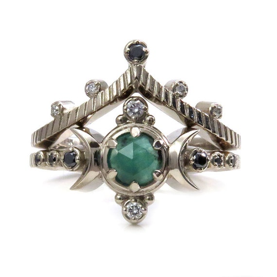 Emerald Bohemian Moon Phase Engagement Ring - 14k Palladium White Gold with Black and White Diamonds