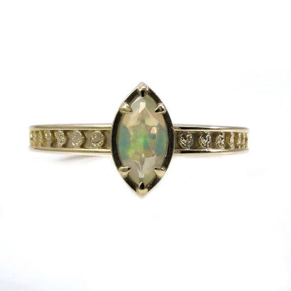 Opal Marquise Moon Phase Gold Solitaire Engagement Ring - Fine Bohemian Jewelry