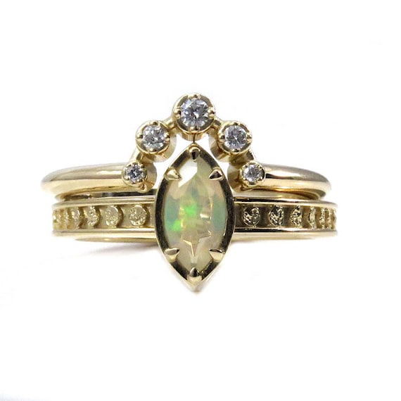 Opal Moon Phase Engagement Ring with Diamond Constellation Wedding Band
