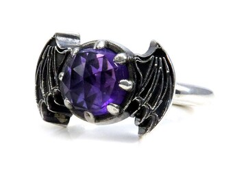 Rose Cut Amethyst Bat Wing Gothic Engagement Ring - Sterling Silver Victorian Fine Jewelry