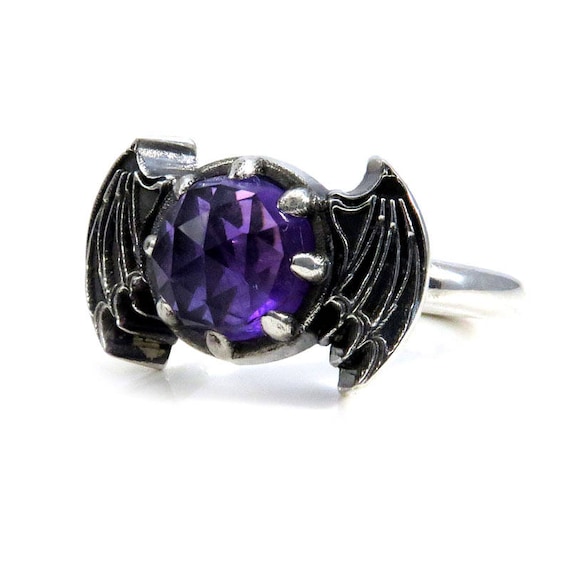Rose Cut Amethyst Bat Wing Gothic Engagement Ring - Sterling Silver Victorian Fine Jewelry