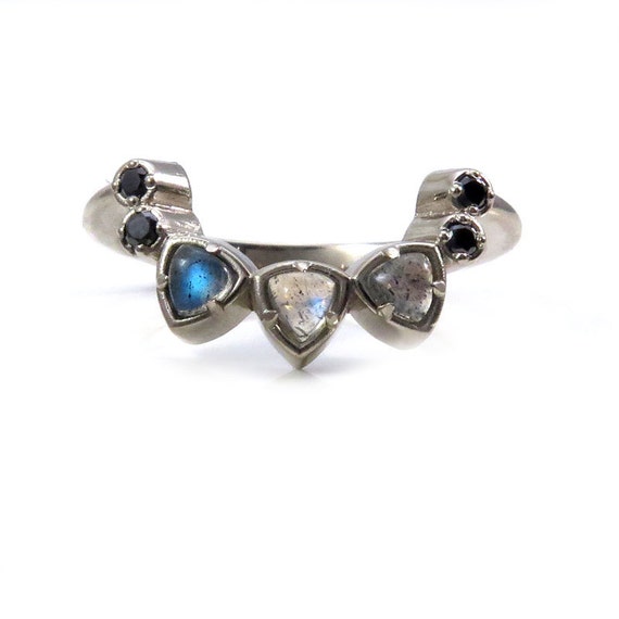Curved Labradorite Trillion and Black Diamond Ring - Stacking Gold Ring or Wedding Band