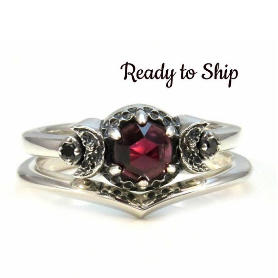 Ready to Ship - Crescent Moon Engagement Ring Set - Rose Cut Red Garnet and Black Diamonds - Sterling Silver Gothic Stacking Rings