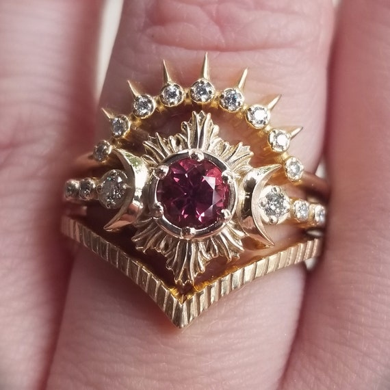 Malaya Garnet Moon Fire Engagement Ring Set - Diamond and Yellow Gold Celestial Moon Ring with Stacking Wedding Bands