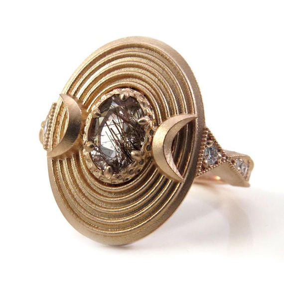 Ready to Ship Size 6 - 8 - Lunar Vortex - Rutile Quartz and White Diamonds - Celestial Triple Moon Goddess Cocktail Ring