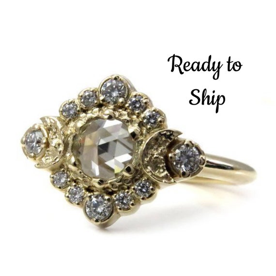 Ready to Ship Size 6-8 - Light Grey Rose Cut Moissanite Moon Halo Engagement Ring - White Diamonds in 14k Yellow Gold