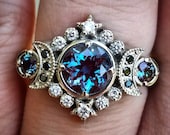 Selene Moon Goddess Ring - Chatham Alexandrite with Black and White Diamonds - 14k Palladium White Gold