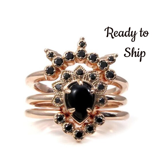 Ready to Ship Size 6 - 8 - Pear Onyx and Black Diamond Asteroid Engagement Ring Set - 14k Rose Gold