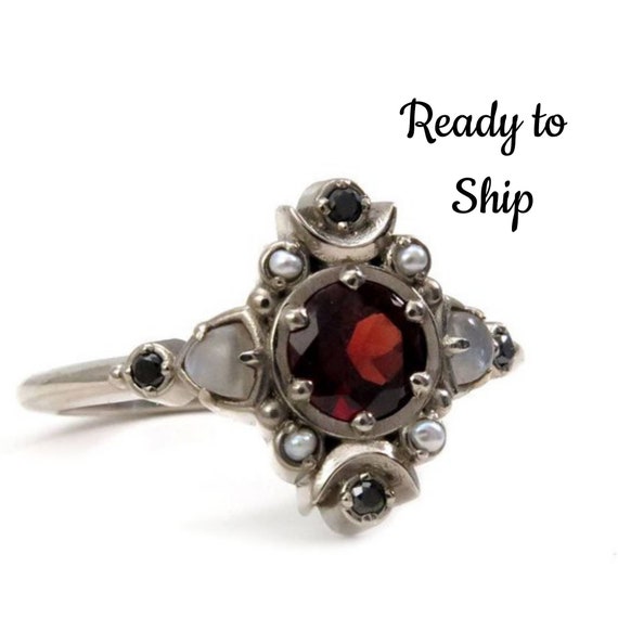 Ready to Ship Size 9-11 - Moon Empress Engagement Ring - Red Garnet with Grey Moonstone Trillions, Grey Seed Pearls and Black Diamonds