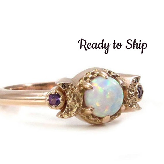 Ready to Ship Size 4-6 - Lab Opal Moon Ring - Triple Moon Goddess Engagement Ring