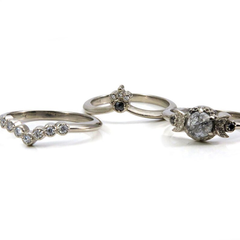 Celestial Goth Engagement Ring Set Black Rutile Quartz Moon Etsy