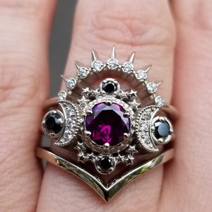 Cosmos Moon Engagement Ring 3 Ring Set With Rhodolite Garnet & - Etsy