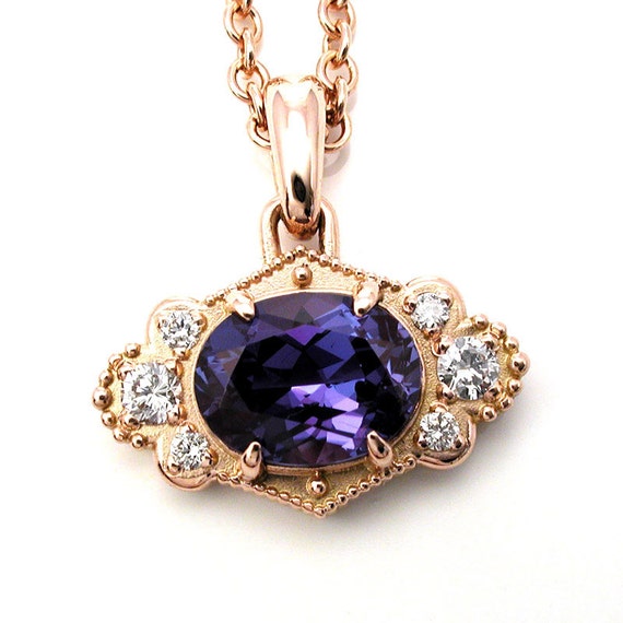 Chatham Alexandrite Pendant with Diamonds - Rose Gold - Color Change Alexandrite - Ready to Ship