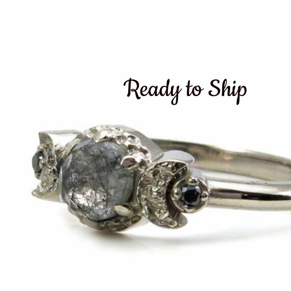 Ready to Ship Size 6 - 8 Black Rutile Quartz Crescent Moon Engagement Ring - 14k Palladium White Gold with Black Diamonds