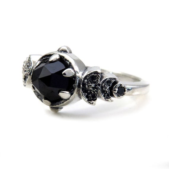 Ready to Ship Size 5 - 7 - Gothic Victorian Crescent and Half Moon Engagement Ring - Rose Cut Black Spinel & Black Diamonds -Sterling Silver