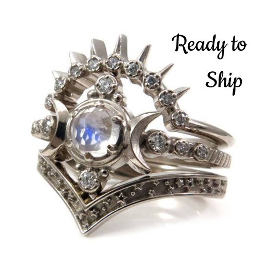 Ready to Ship Size 6-8 - Moonstone Compass Moon Engagement Ring Set - 14k Palladium White Gold and Diamonds
