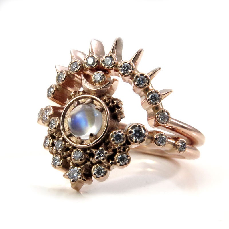 Moon Witch Engagement Ring Set Moonstone and Diamonds