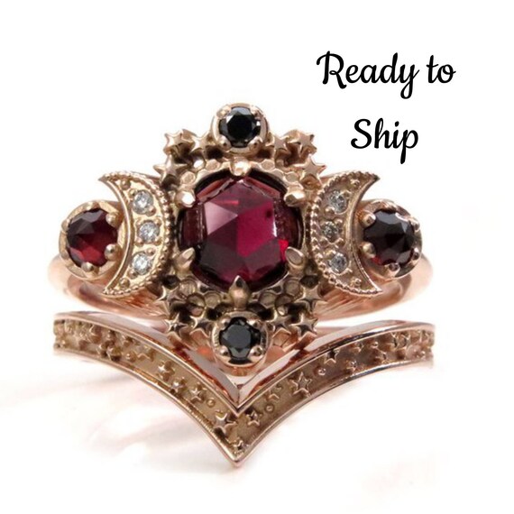 Ready to Ship Size 6-8 - Rose Cut Garnet Cosmos Moon Engagement Ring Set - Rose Gold with Black and White Diamonds