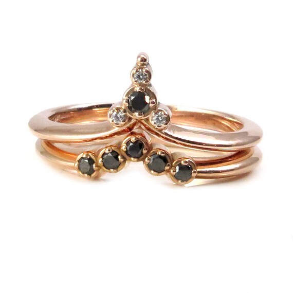 Bohemian Dainty Engagement Ring Set - Black and White Diamond Chevron Rose Gold Wedding Rings