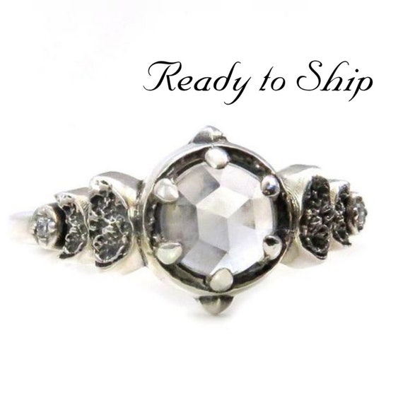 Ready to Ship Size 7 - 9 - Moon Phase White Topaz and White Diamond Sterling Engagement Ring - Pick your Finish