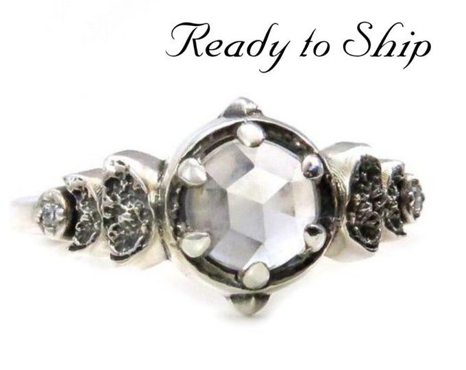 Ready to Ship Size 6.5 - 8.5 - Moon Phase White Topaz and White Diamond Sterling Engagement Ring - Pick your Finish