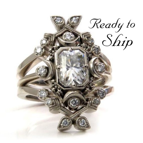 Ready to Ship Size 6 - 8 - HUNTRESS - Emerald Cut Artemis Moon Engagement Ring with Moissanite and Diamonds - Arrow Wedding Band Set