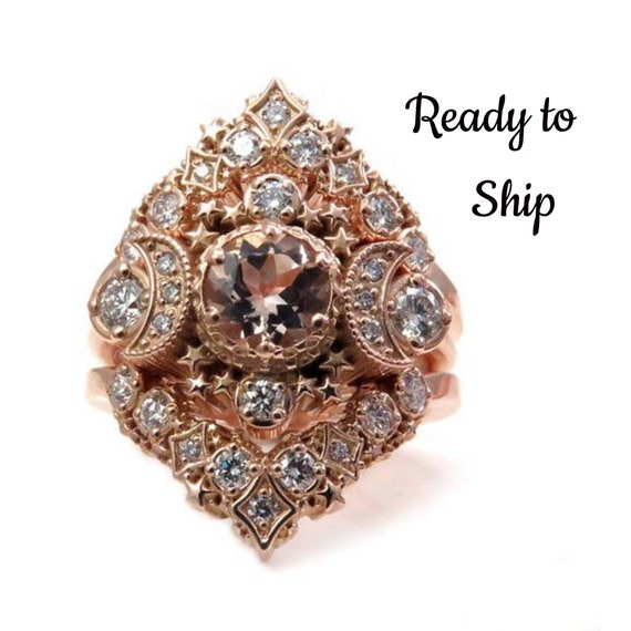 Ready to Ship Size 6 - 8 - Cosmos Constellation Engagement Ring Set - Morganite & Diamonds Celestial Wedding Set - 14k Rose Gold