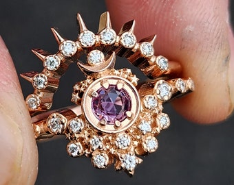 Rose Cut Purple Sapphire Moon Witch Engagement Ring Set Diamonds & Stardust - 14k Rose Gold - Delicate Celestial Lunar Wedding Rings