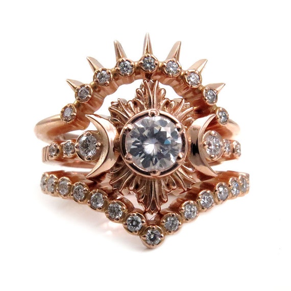 MoonFire Enagement Ring Set - 14k Rose Gold with Diamond or Moissanite Center Stone and Double Diamond Wedding Bands