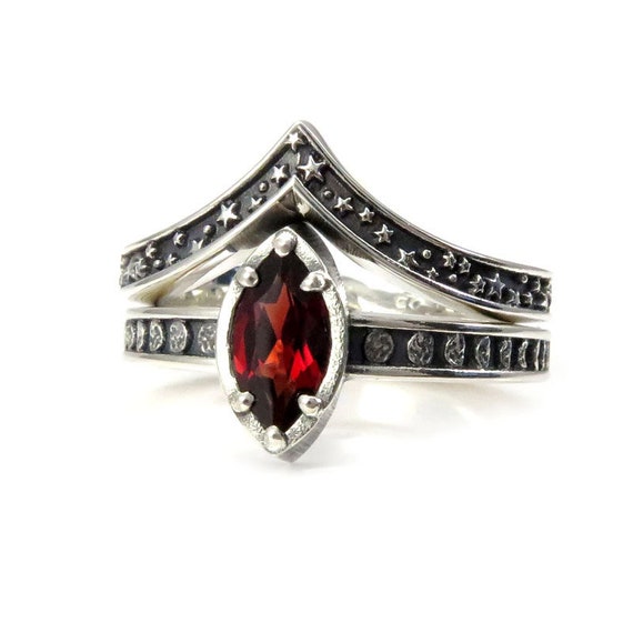 Sterling Silver Garnet Moon and Stars Engagement Ring Set - Pick your Center Stone