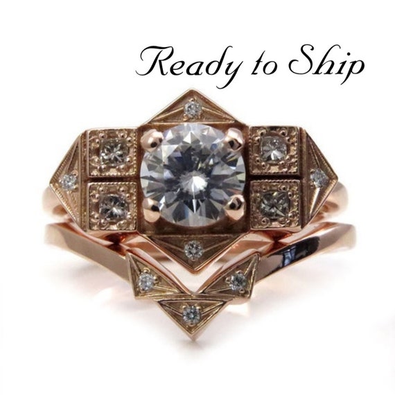 Ready to Ship Size 6 - 8 - Modern Art Deco Engagement Ring Set - 6.5mm Forever One Moissanite with Matching Chevron Wedding Band