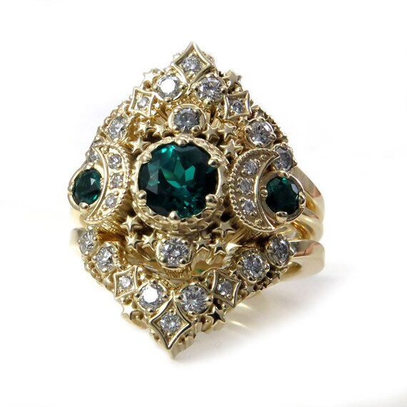 Cosmos Stardust Engagement Ring Set - Chatham Emeralds & Diamonds Moon Wedding Set - 14k Palladium White Gold, Rose Gold or Yellow Gold