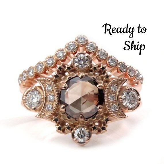 Ready to Ship Size 6-8 - Rose Cut Champagne Diamond Cosmos Engagement Ring with White Diamonds - 14k Rose Gold - OOAK
