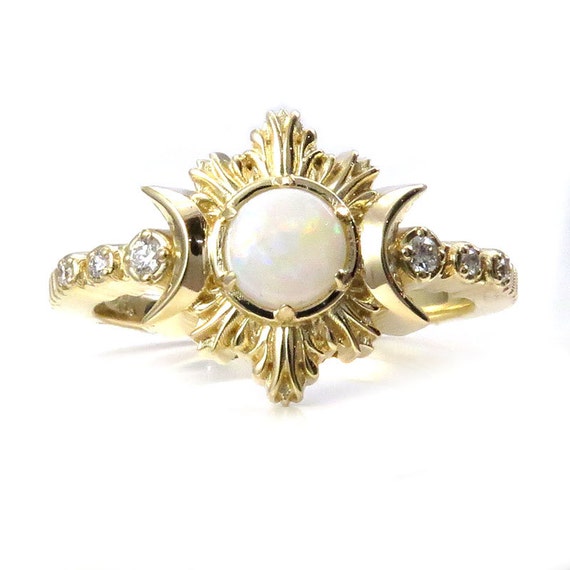 Opal Pyre Moon Ring - Diamond and Yellow Gold Celestial Engagement Ring