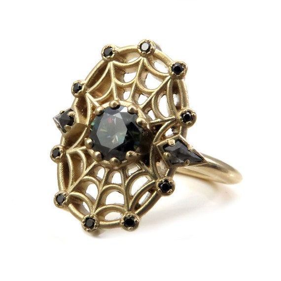 Ready to Ship Size 6-8 Spider Baby Black Blue Moissanite and Black Diamonds Spider Web Ring
