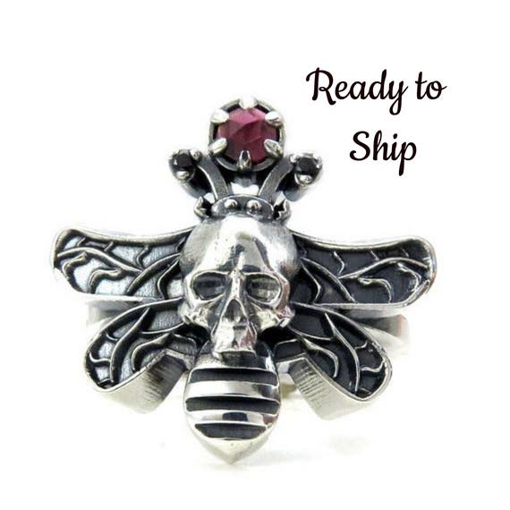 Ready to Ship Size 6 - 8 Moth Man Ring - Sterling Silver with Red Rose Cut Garnet Orb - Dead Head Moth Ring