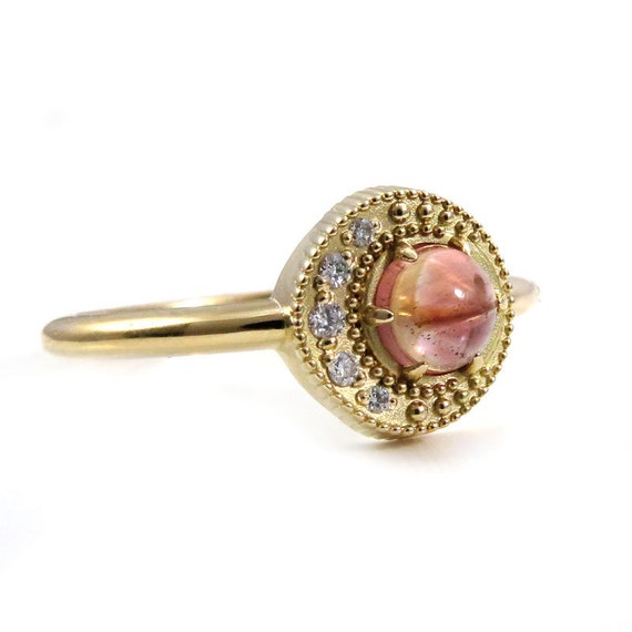 Mini Moon Ring - Oregon Sunstone with a Diamond Crescent Moon - Dainty Gold Engagement Ring