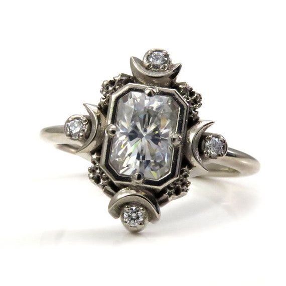 Emerald Cut Artemis Moon Engagement Ring with Radiant Cut Moissanite - Celestial Goddess Engagement