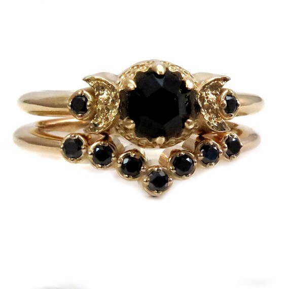Black Diamond or Spinel Moon Engagement Ring with Tiny Diamond Nesting Wedding Band - 14k Yellow Gold