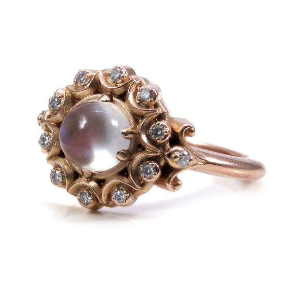 Crystal Ball Bohemian Engagement Ring - Moonstone and Diamonds in Rose, Yellow or White Gold