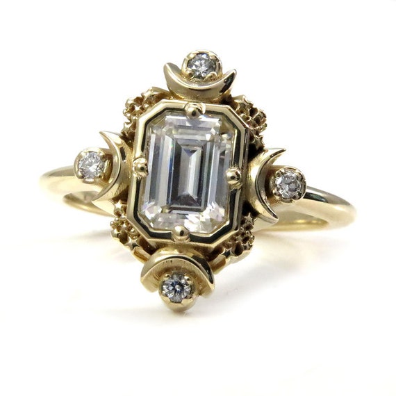 Emerald Step Cut Artemis Moon Engagement Ring with Moissanite and Diamonds - Moon Phase Engagement