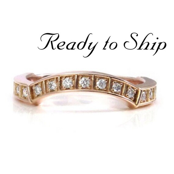 Ready to Ship Size 6 - 8 -Curved Modern Diamond Wedding Band -White Diamonds - 14k Rose Gold