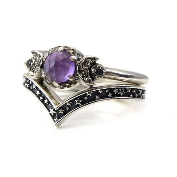 Amethyst Moon and Stars Sterling Silver Engagement Ring Set with Black Diamonds