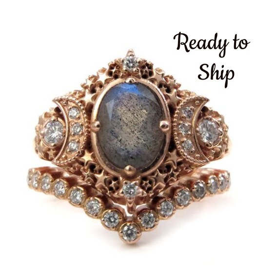 Ready to Ship Size 6 - 8 - Starseed Engagement Ring Set - Oval Labradorite and Diamonds - Boho Rose Gold Wedding Rings