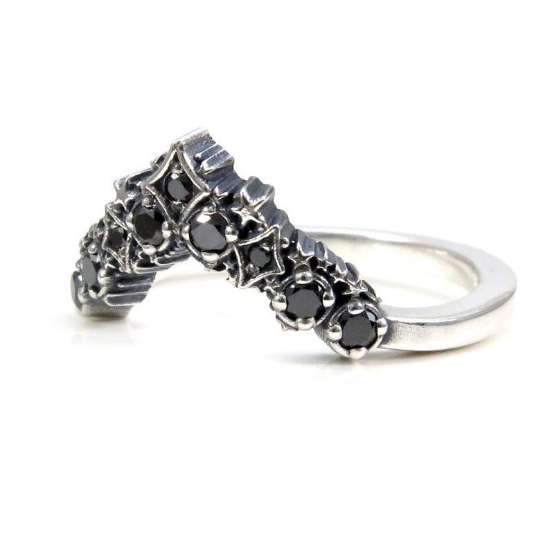 Black Diamond Stardust Chevron Wedding Band Sterling Silver Boho Stacking Ring image 6